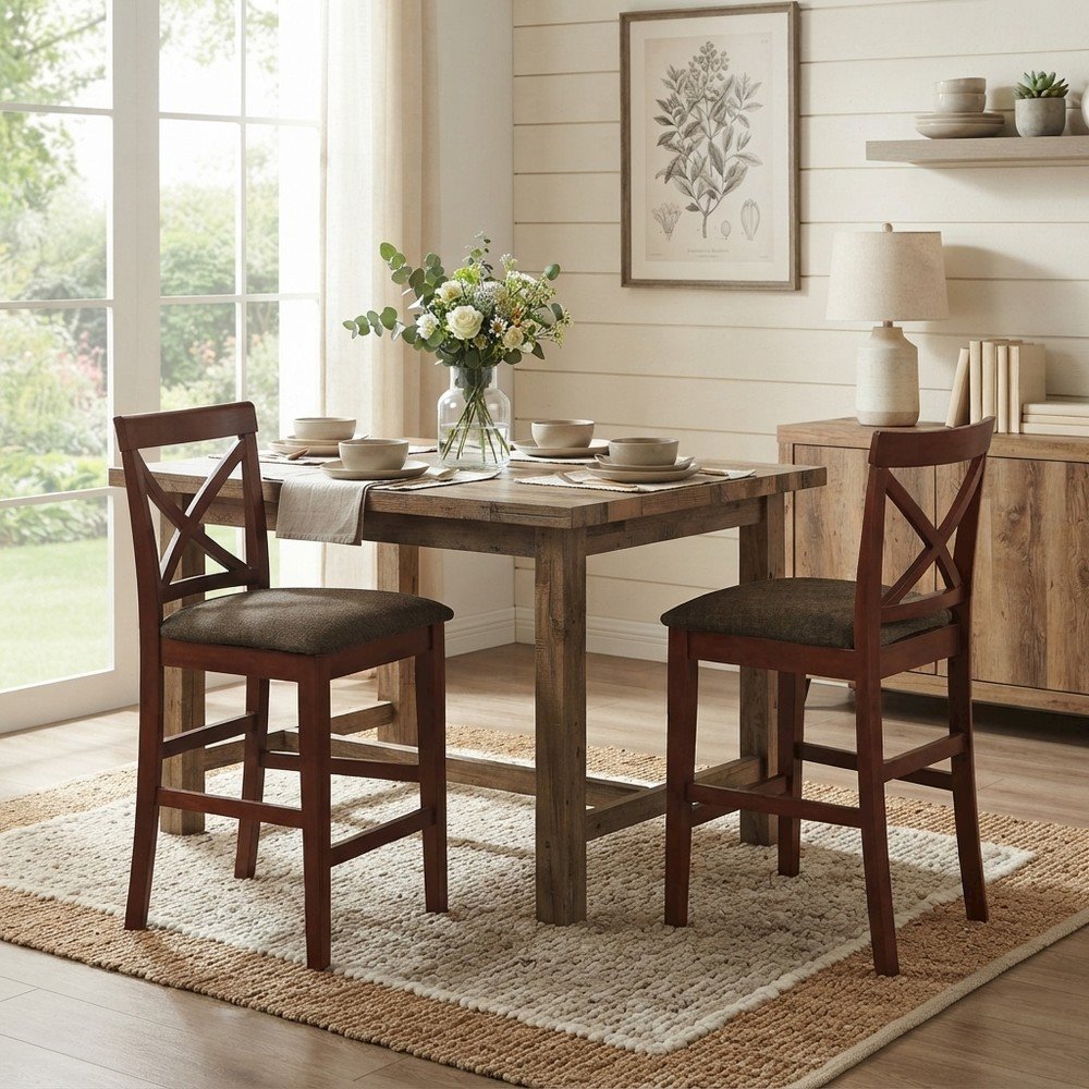 Solid Wood X-Back Counter Stools with Upholstered Seat, Set of 2