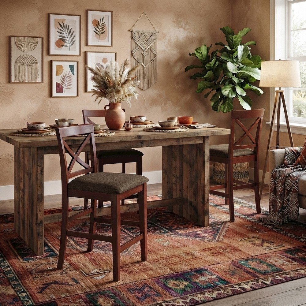 Solid Wood X-Back Counter Stools with Upholstered Seat, Set of 2