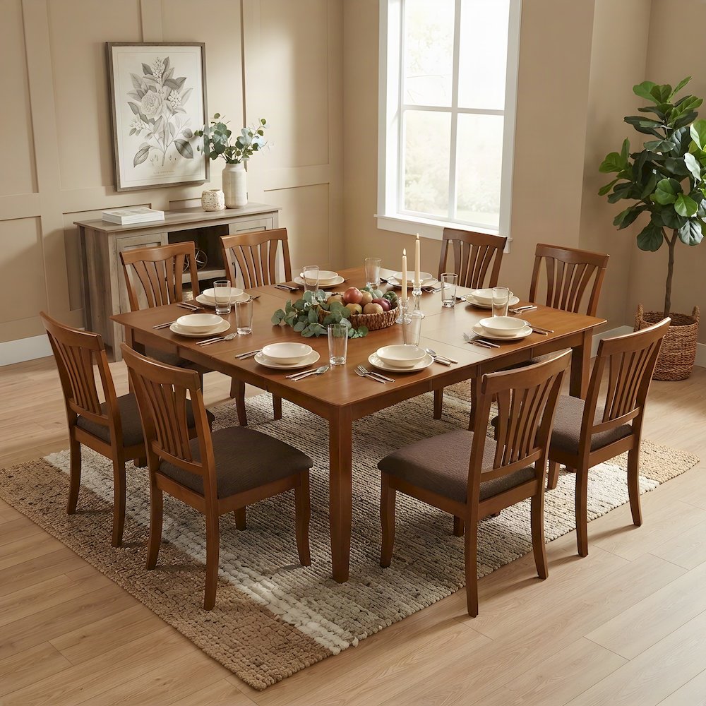 Microfiber Solid Wood Drop Leaf Dining Table with Chairs 9 Piece Set