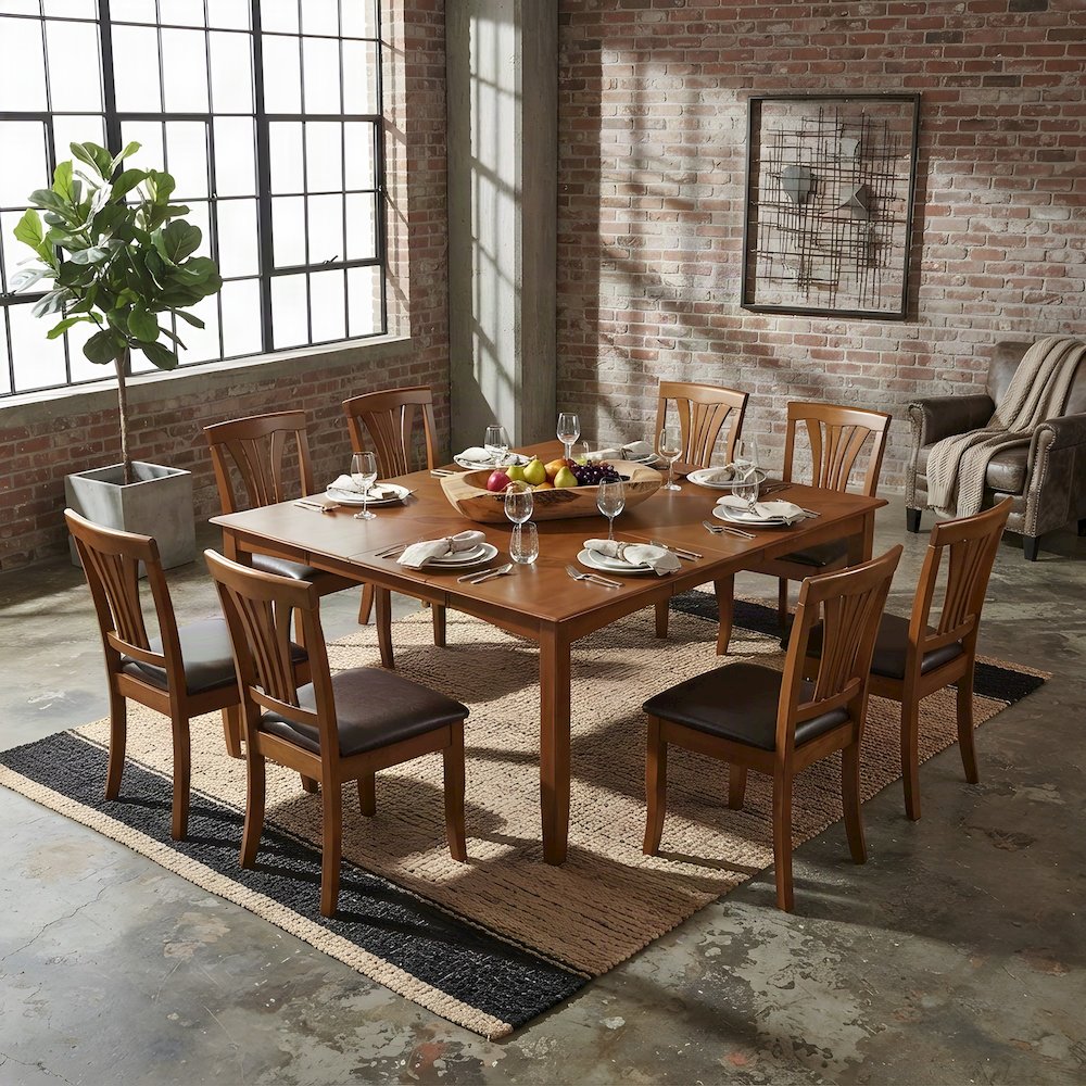 Faux Leather Upholstered Solid Wood Dining Table with Leaf, 9 Piece Set