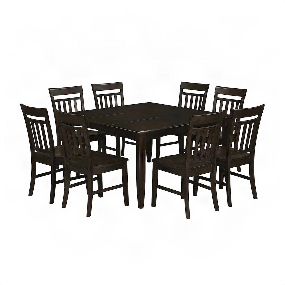 Wood Dining Table with Leaf and Slatted-Back Chairs 9 Piece Set, Cappuccino