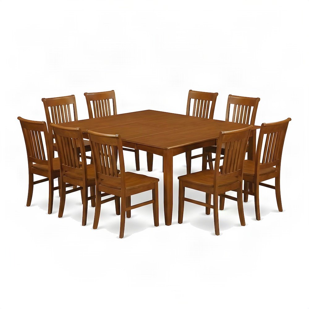 Wood Kitchen Table with Chairs and Extending Leaf, 9 Piece Set, Saddle Brown
