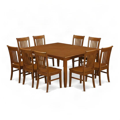 Wood Kitchen Table with Chairs and Extending Leaf, 9 Piece Set, Saddle Brown