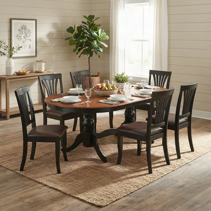 Oval Solid Wood Dining Table Set for 6 with Faux Leather Chairs 7 Piece Set