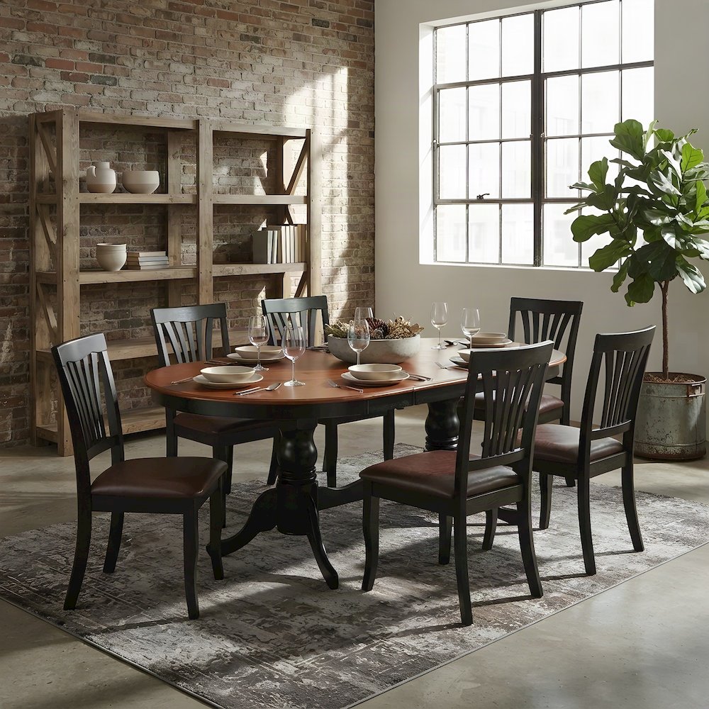 Oval Solid Wood Dining Table Set for 6 with Faux Leather Chairs 7 Piece Set