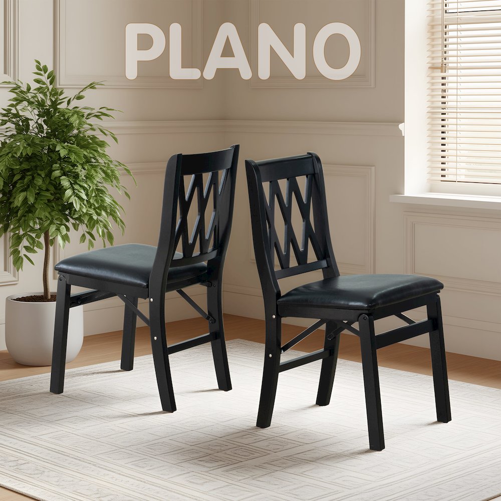 Plano Modern Dinner Chairs with PU Leather Seat, 3-X Back, Set of 2, Black Wood