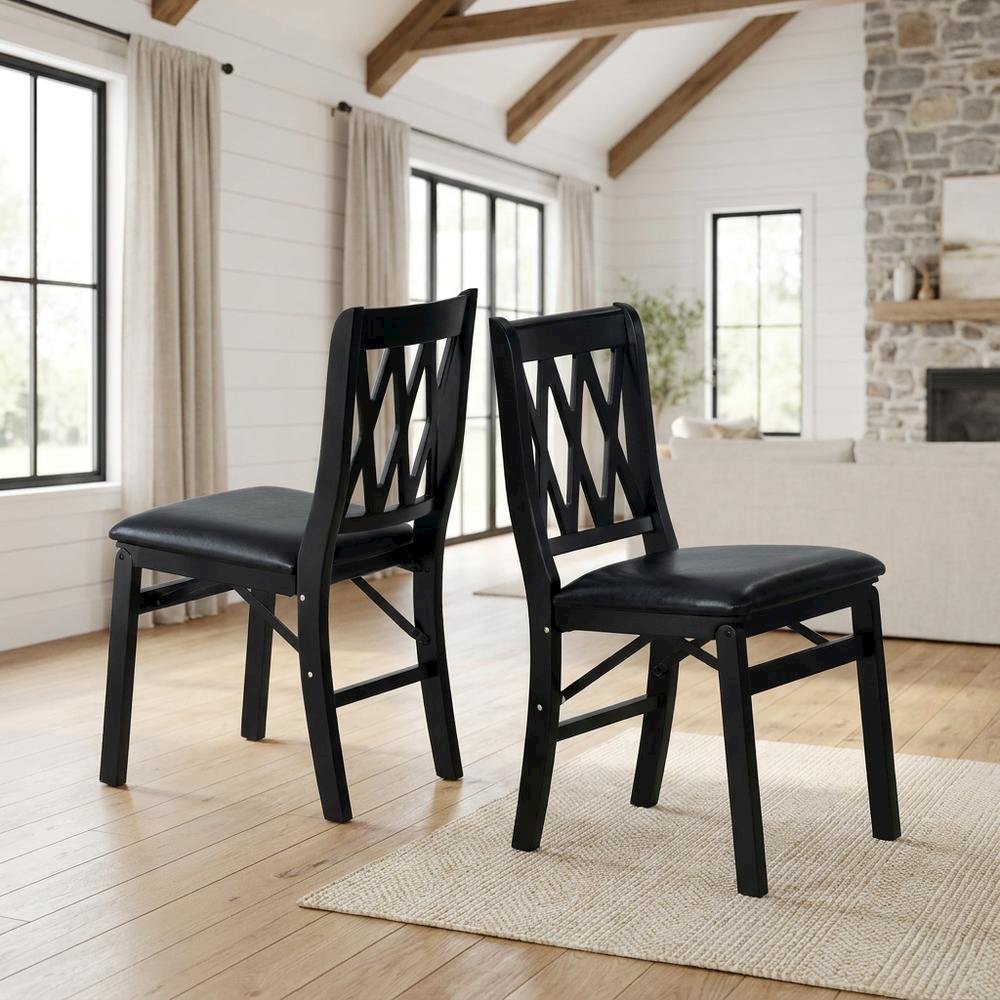 Solid Wood Dining Chairs with PU Leather Seat and 3-X Back, Black, Set of 2