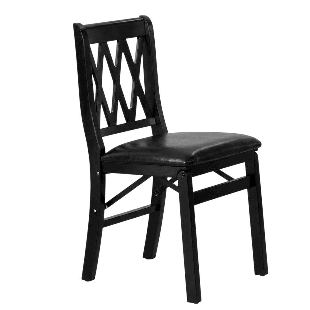Solid Wood Dining Chairs with PU Leather Seat and 3-X Back, Black, Set of 2