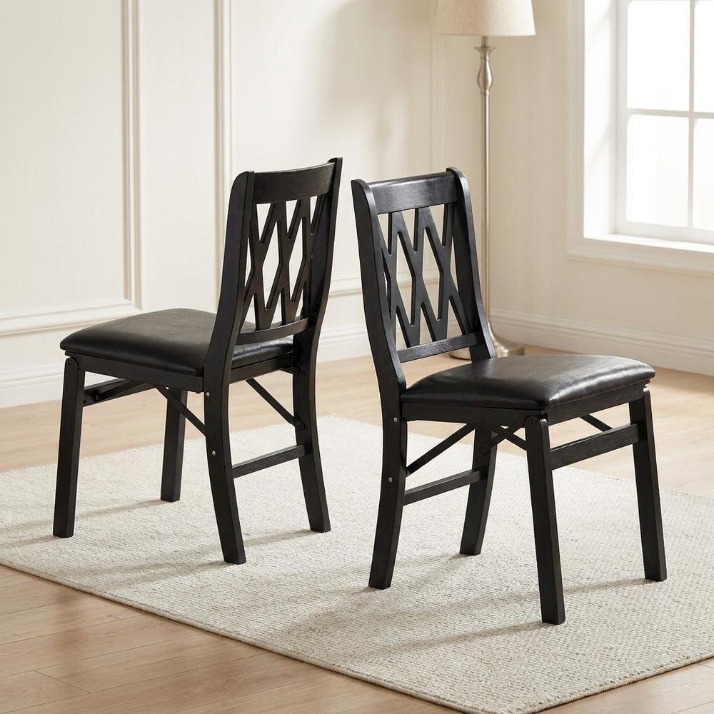 Solid Wood Dining Chairs with PU Leather Seat and 3-X Back, Black, Set of 2