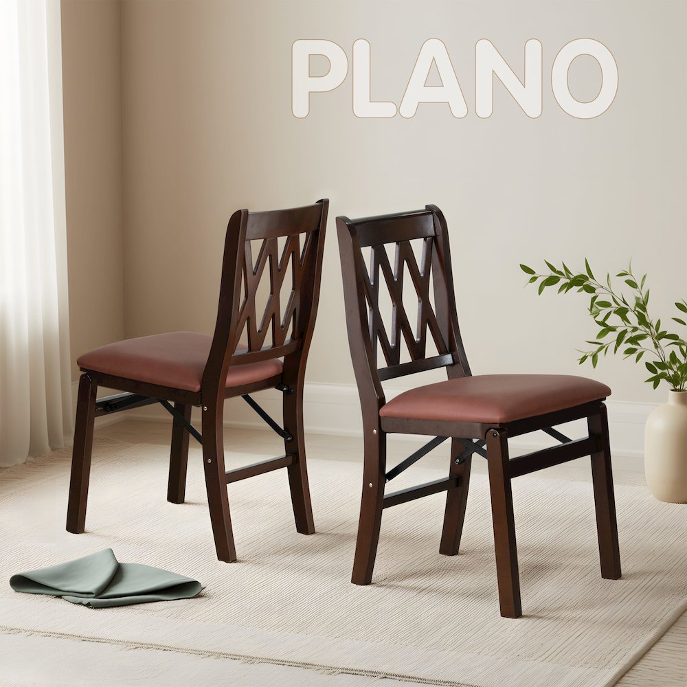 Plano Modern Dining Chairs, PU Leather Seat, 3-X Back, Set of 2, Mahogany Finish