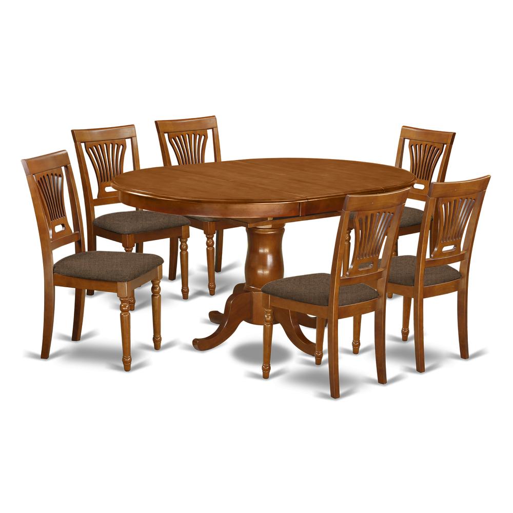 7 Pc Portland Table having 18" Leaf and 6 hard wood Seat Chairs in Saddle Brown