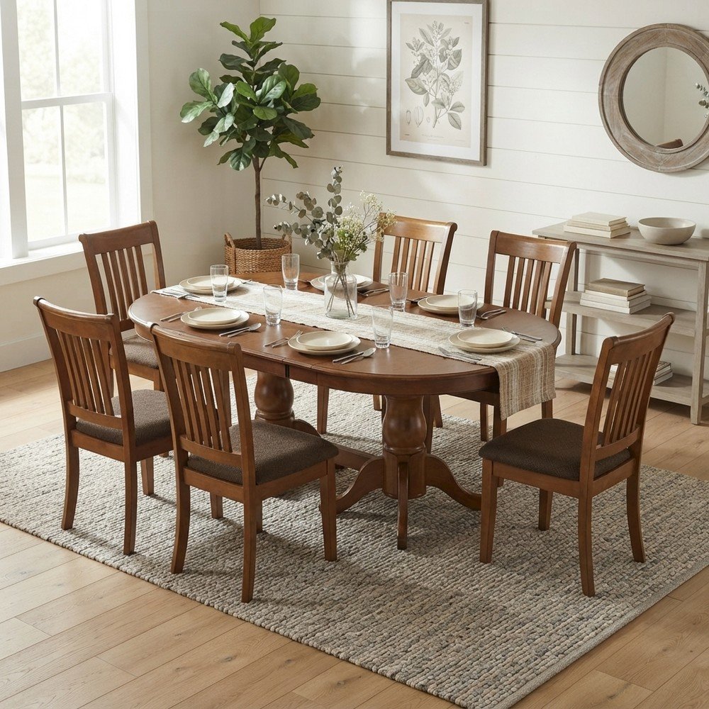 Solid Wood Oval Dining Table with Leaf and Chairs 7 Piece Set, Saddle Brown