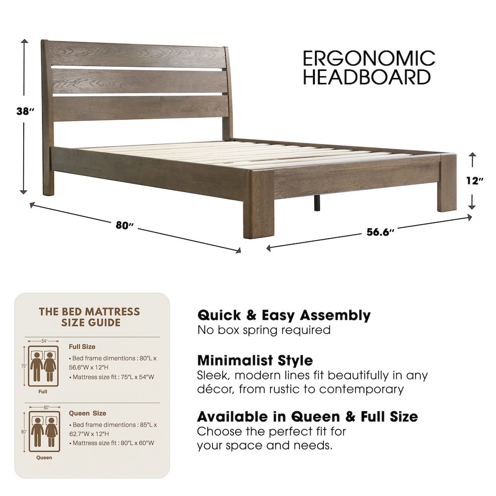 Full Wooden Platform Bed Frame, Barnwood Finish, Morden Style