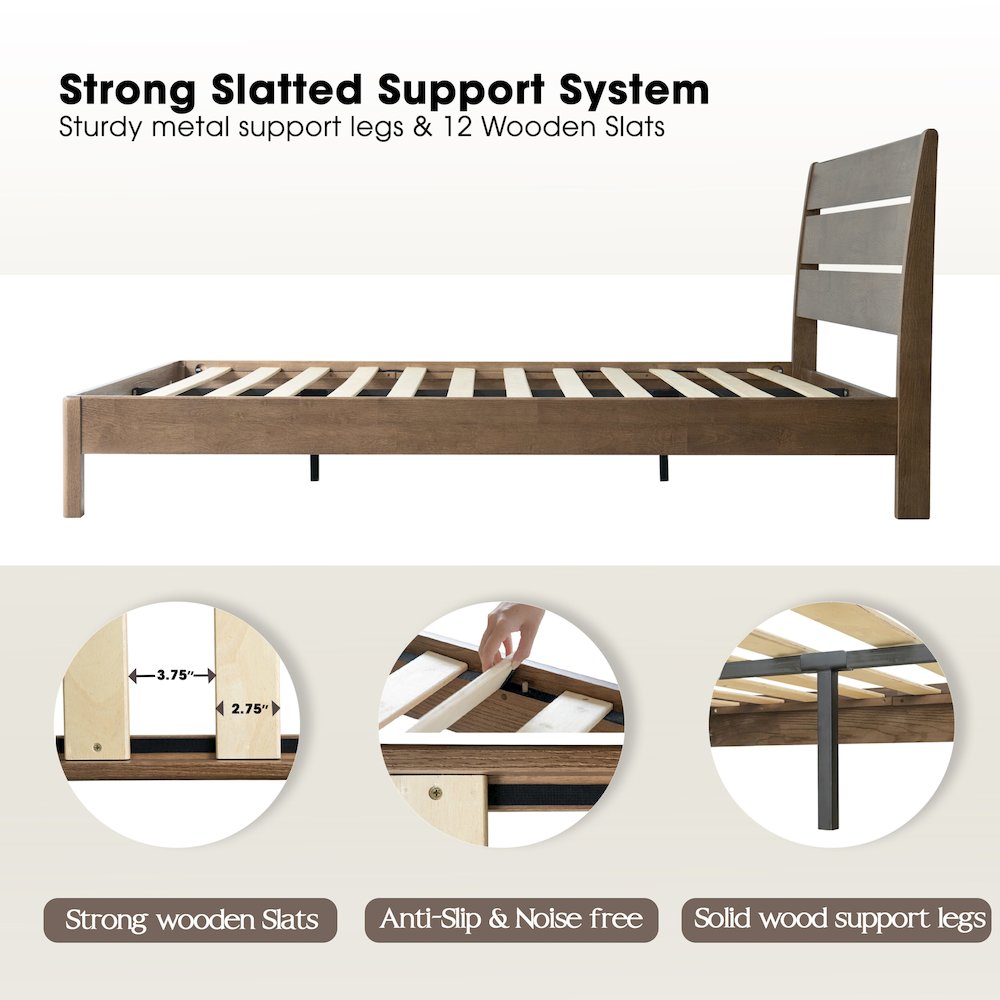 Full Wooden Platform Bed Frame, Barnwood Finish, Morden Style