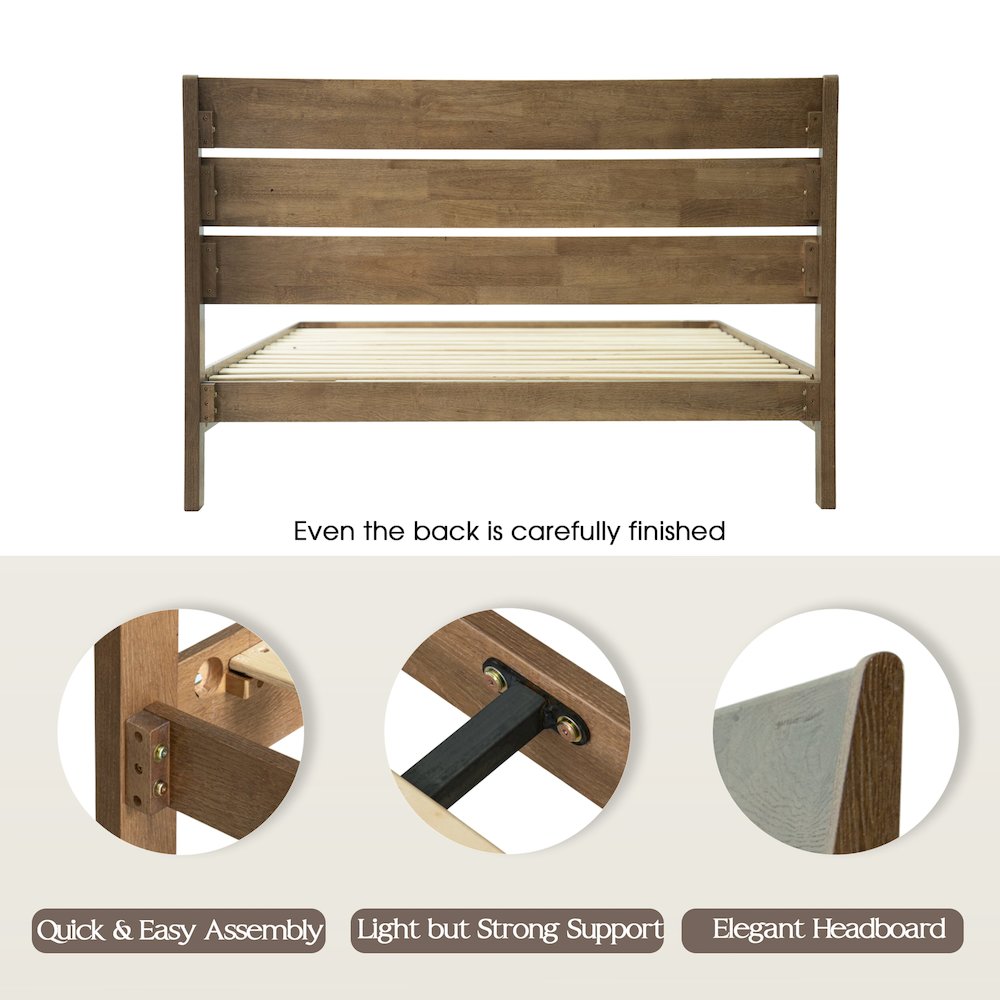 Full Wooden Platform Bed Frame, Barnwood Finish, Morden Style