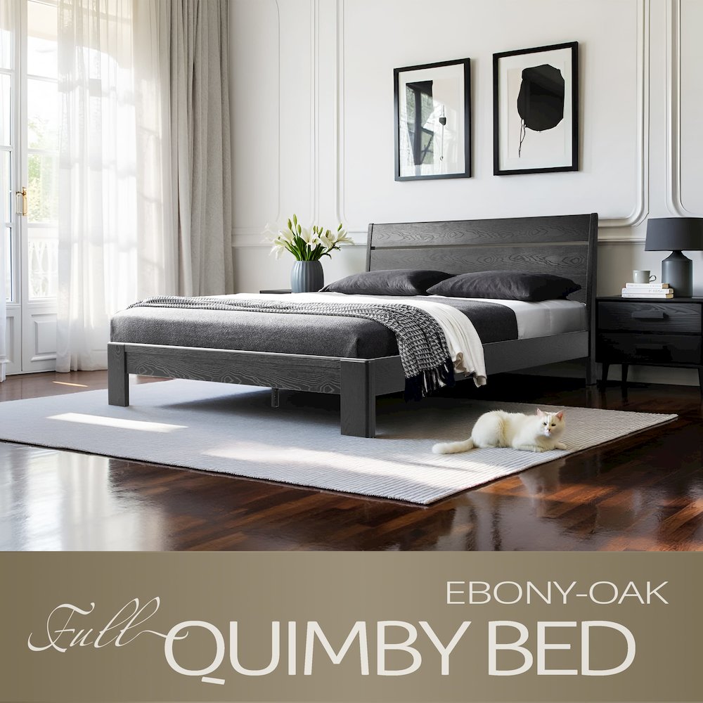 Full Wooden Platform Bed Frame, Ebony Oak Finish, Morden Style