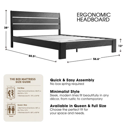 Full Wooden Platform Bed Frame, Ebony Oak Finish, Morden Style