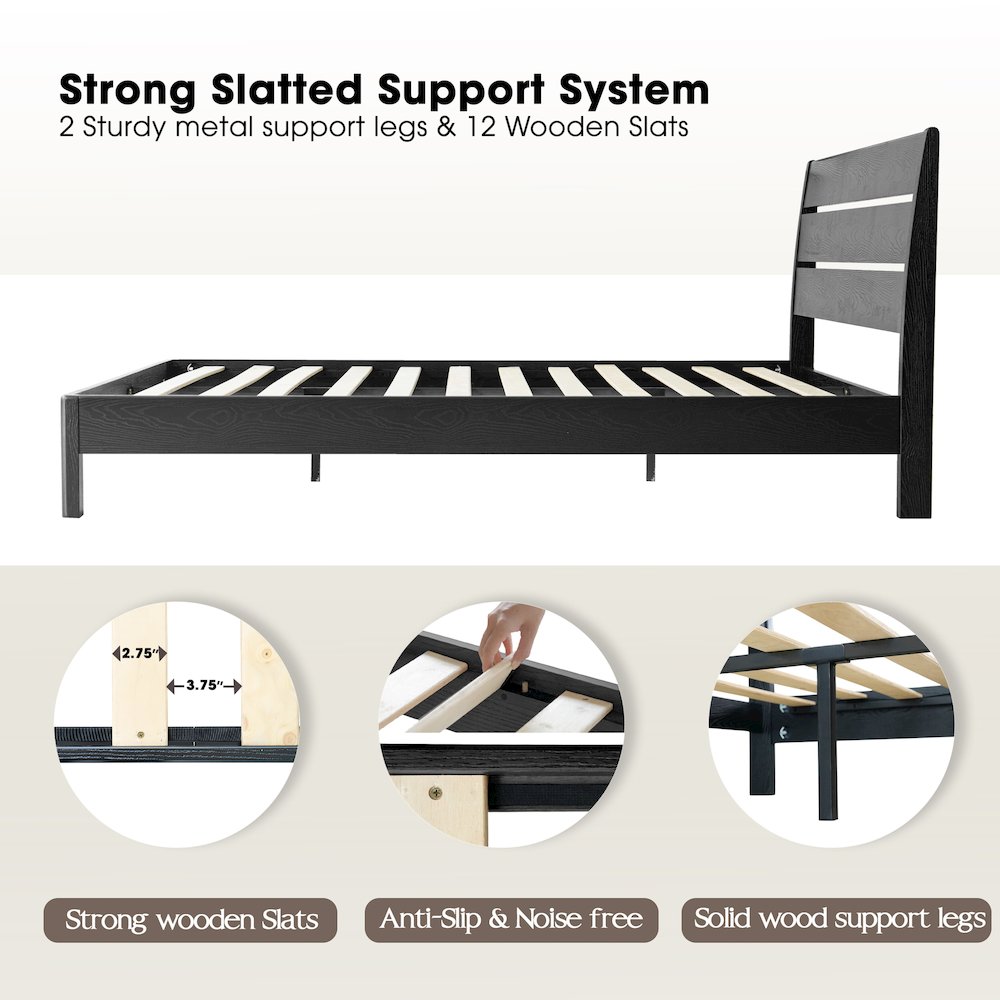 Full Wooden Platform Bed Frame, Ebony Oak Finish, Morden Style