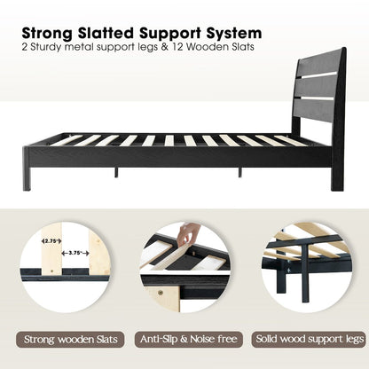 Full Wooden Platform Bed Frame, Ebony Oak Finish, Morden Style