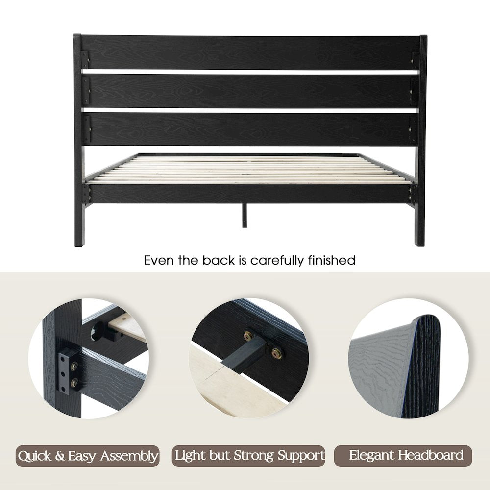 Full Wooden Platform Bed Frame, Ebony Oak Finish, Morden Style
