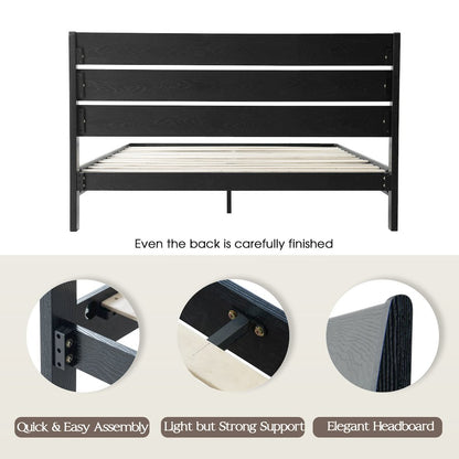 Full Wooden Platform Bed Frame, Ebony Oak Finish, Morden Style