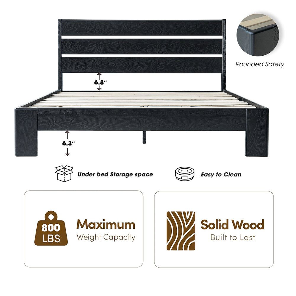 Queen Wooden Platform Bed Frame, Ebony Oak Finish, Morden Style