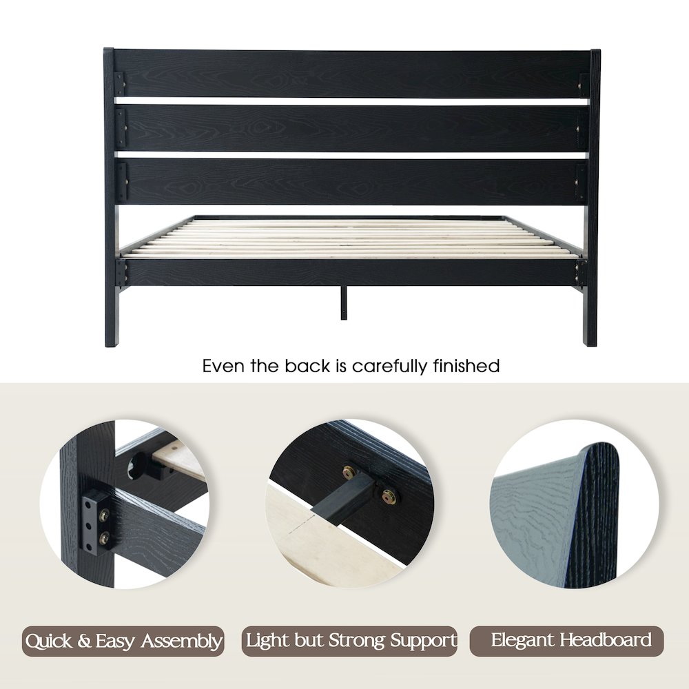 Queen Wooden Platform Bed Frame, Ebony Oak Finish, Morden Style