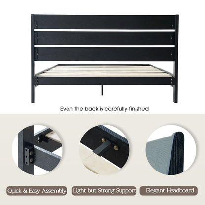 Queen Wooden Platform Bed Frame, Ebony Oak Finish, Morden Style