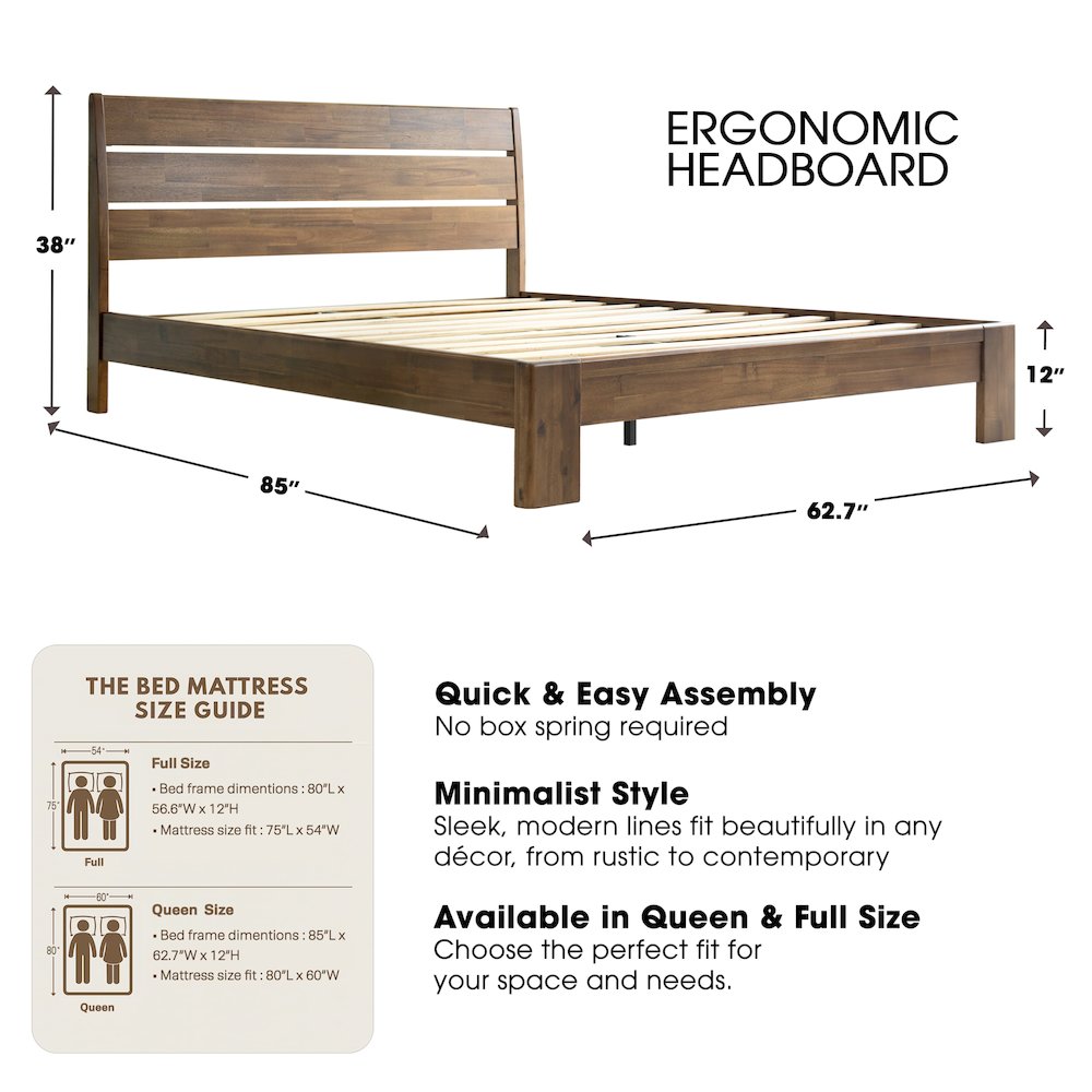Queen Wooden Platform Bed Frame, Walnut Finish, Morden Style