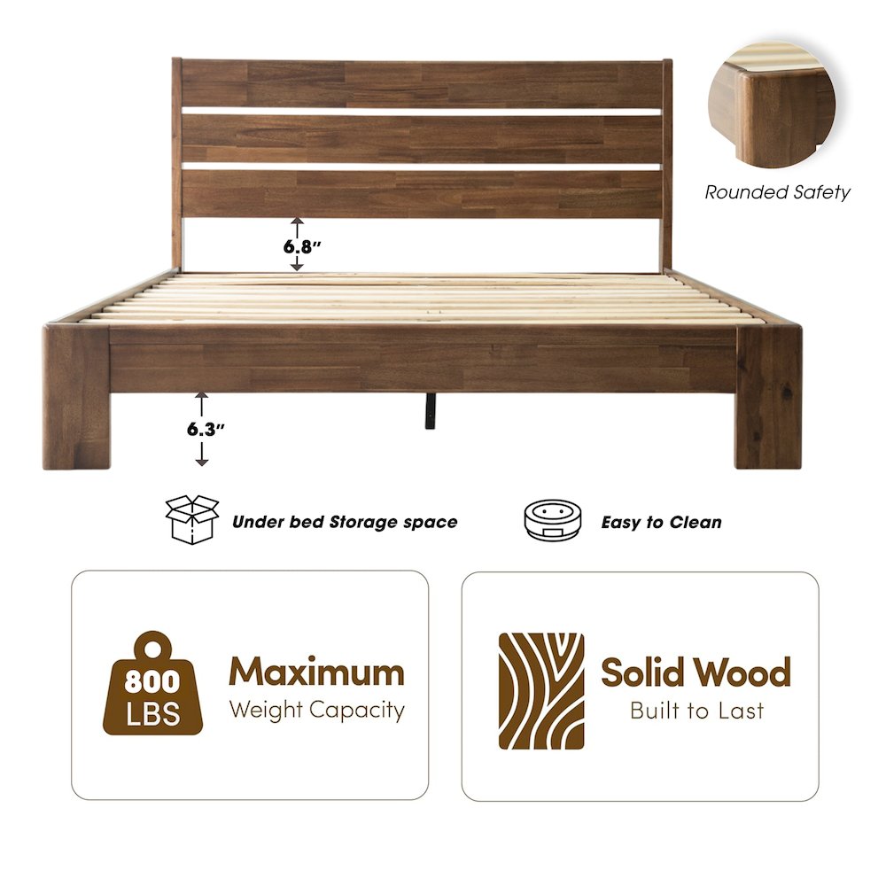Queen Wooden Platform Bed Frame, Walnut Finish, Morden Style
