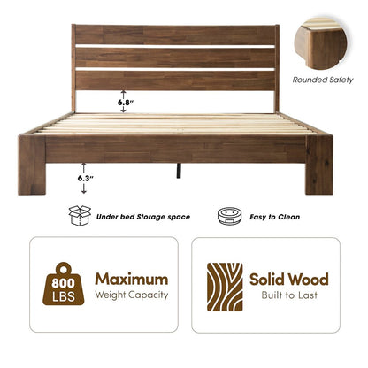 Queen Wooden Platform Bed Frame, Walnut Finish, Morden Style
