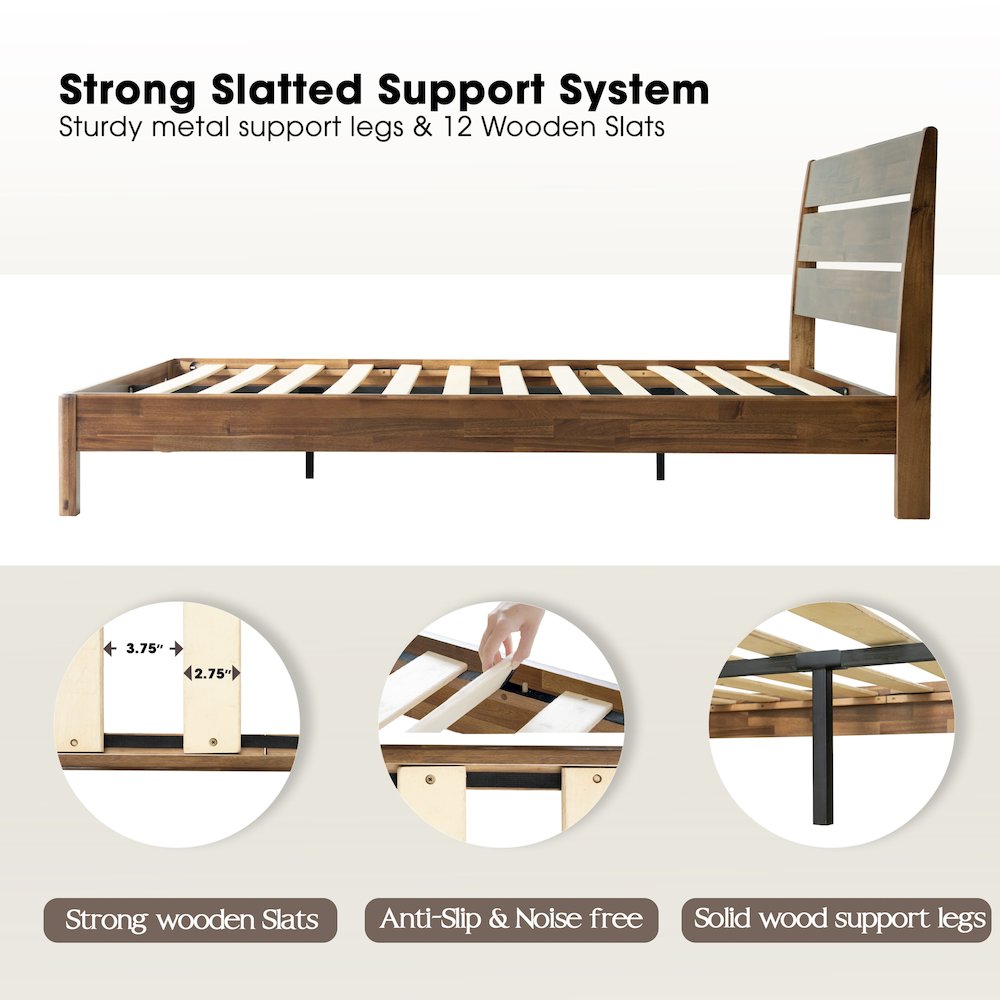 Queen Wooden Platform Bed Frame, Walnut Finish, Morden Style