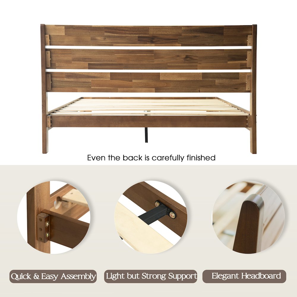 Queen Wooden Platform Bed Frame, Walnut Finish, Morden Style