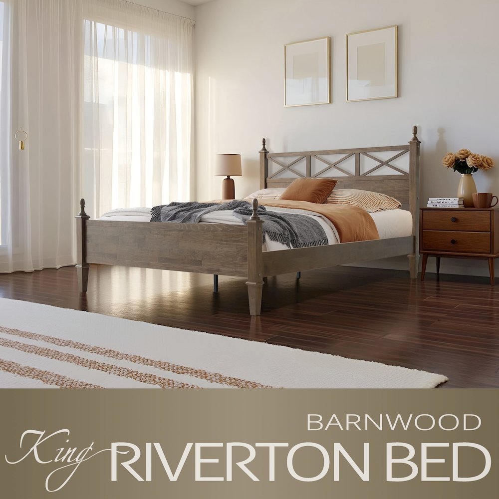King Wooden Platform Bed Frame, Barnwood Finish, Traditional Style