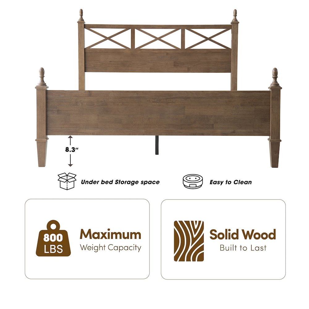 King Wooden Platform Bed Frame, Barnwood Finish, Traditional Style