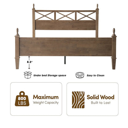 King Wooden Platform Bed Frame, Barnwood Finish, Traditional Style