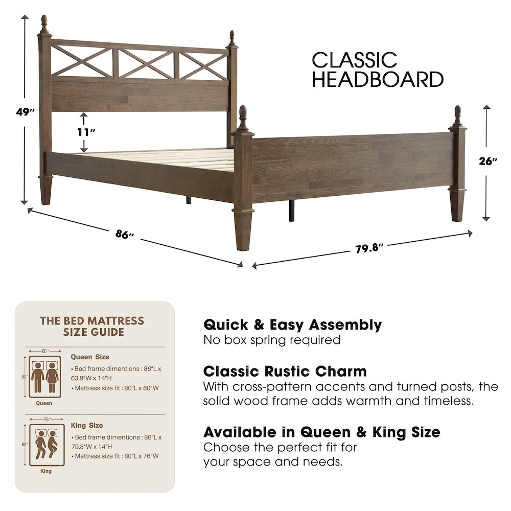 King Wooden Platform Bed Frame, Barnwood Finish, Traditional Style