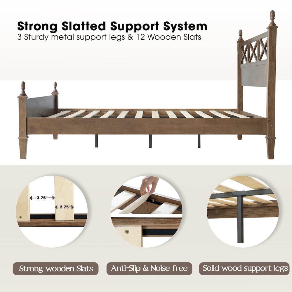 King Wooden Platform Bed Frame, Barnwood Finish, Traditional Style