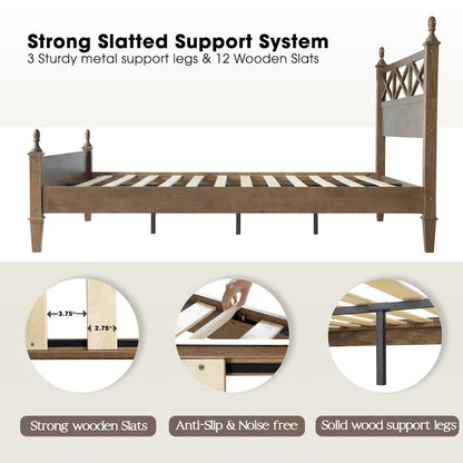 King Wooden Platform Bed Frame, Barnwood Finish, Traditional Style