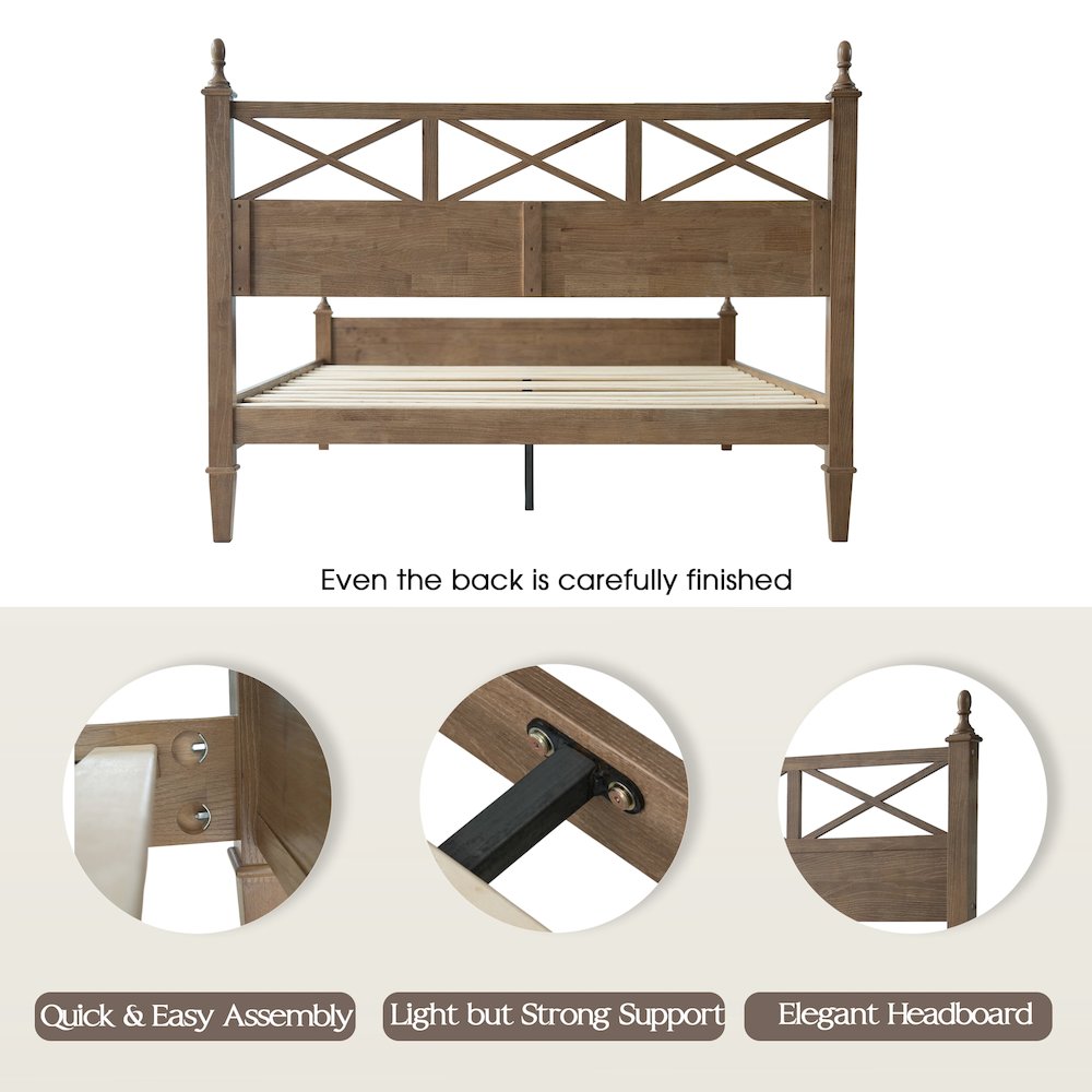 King Wooden Platform Bed Frame, Barnwood Finish, Traditional Style