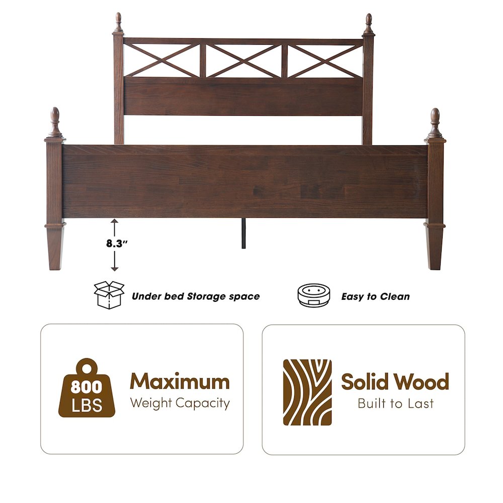 King Wooden Platform Bed Frame, Dark Roast Oak Finish, Traditional Style