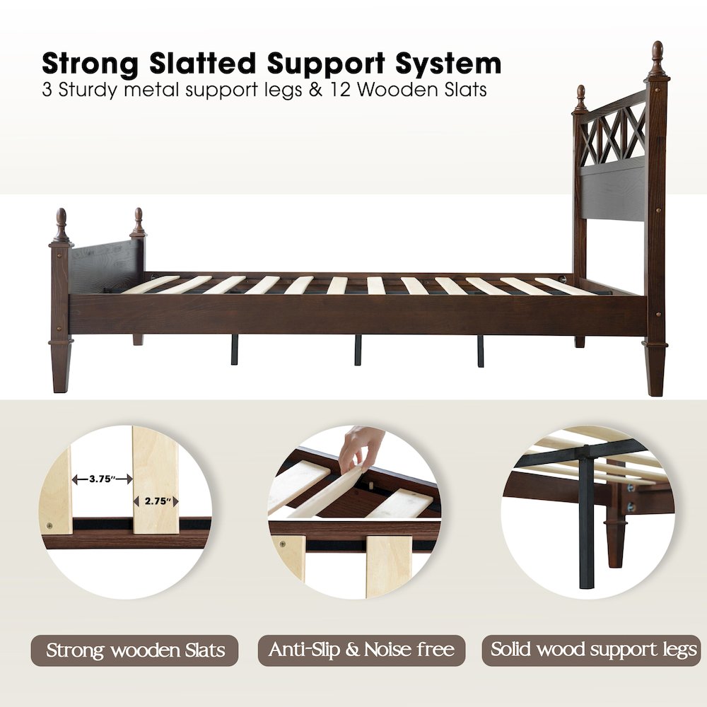 King Wooden Platform Bed Frame, Dark Roast Oak Finish, Traditional Style