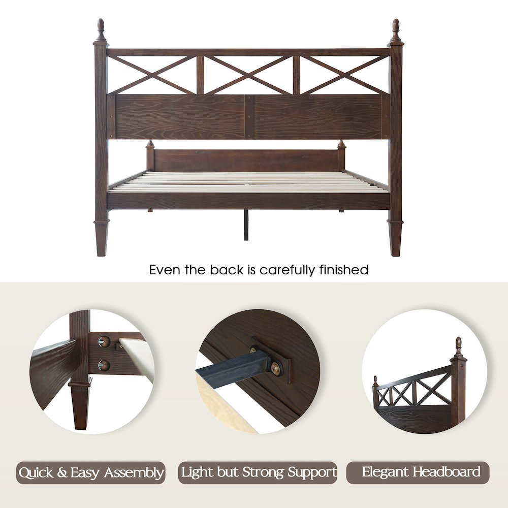 King Wooden Platform Bed Frame, Dark Roast Oak Finish, Traditional Style