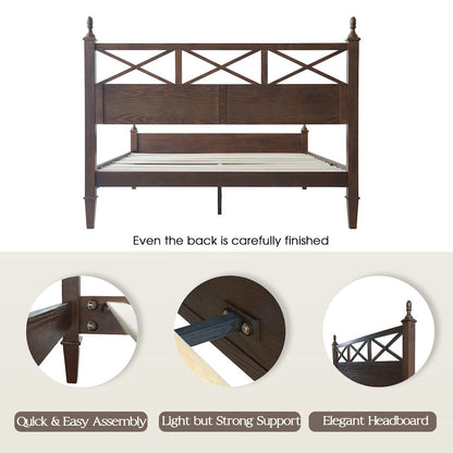 King Wooden Platform Bed Frame, Dark Roast Oak Finish, Traditional Style