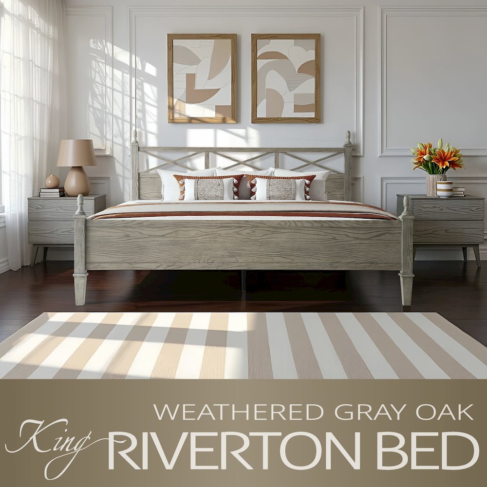 King Wooden Platform Bed Frame, Weathered Gray Oak Finish, Traditional Style