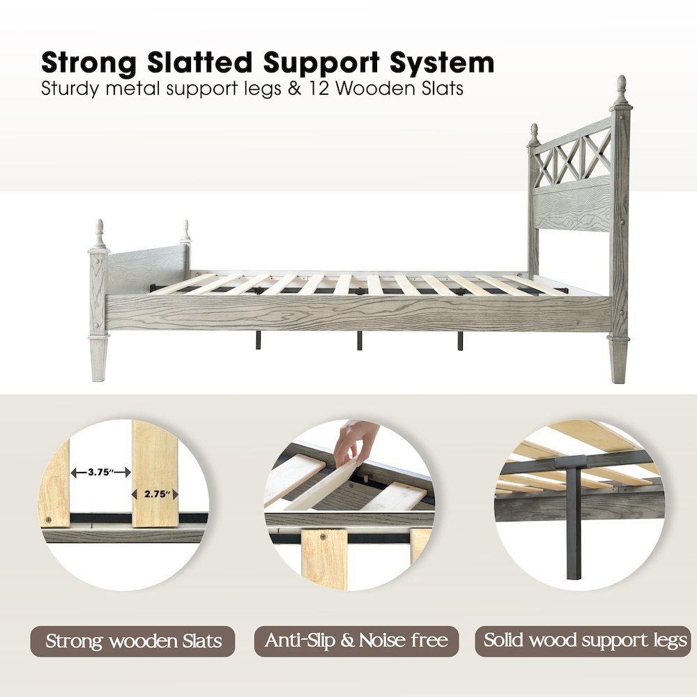 King Wooden Platform Bed Frame, Weathered Gray Oak Finish, Traditional Style