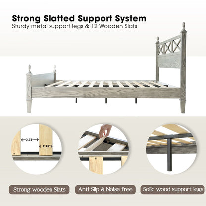 King Wooden Platform Bed Frame, Weathered Gray Oak Finish, Traditional Style