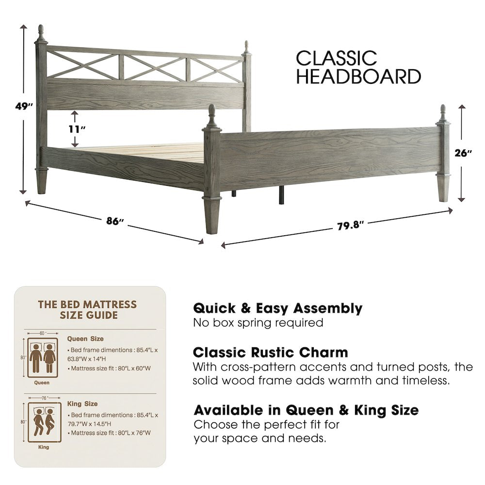 King Wooden Platform Bed Frame, Weathered Gray Oak Finish, Traditional Style