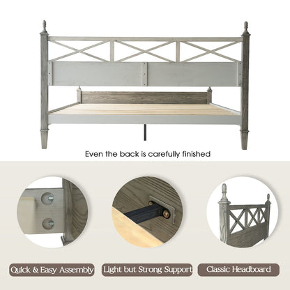 King Wooden Platform Bed Frame, Weathered Gray Oak Finish, Traditional Style