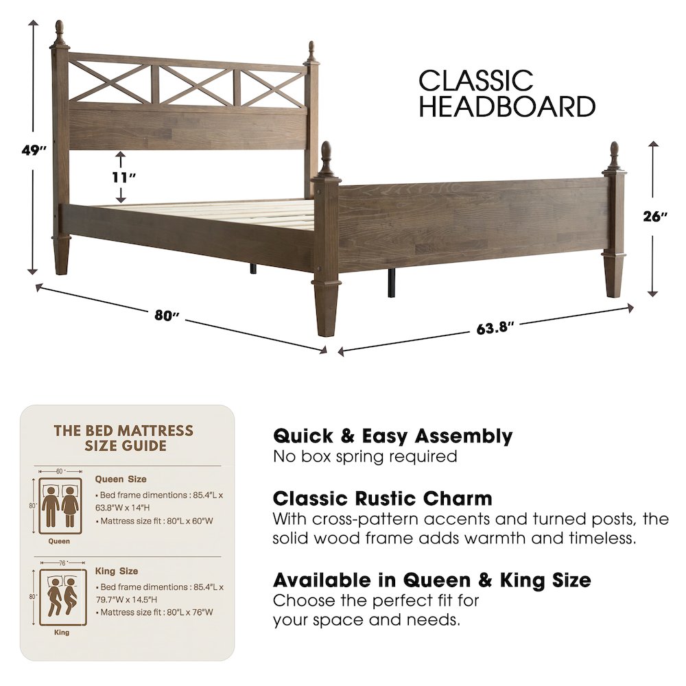 Queen Wooden Platform Bed Frame, Barnwood Finish, Traditional Style